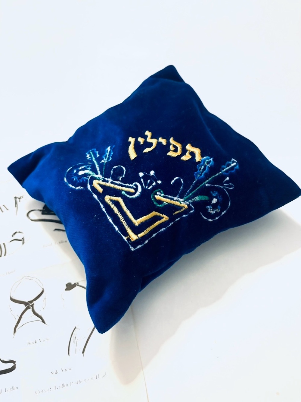 TEFILLIN Set Head & Hand Box and Stitched Blue Velvet Bag Vintage Prayer Items